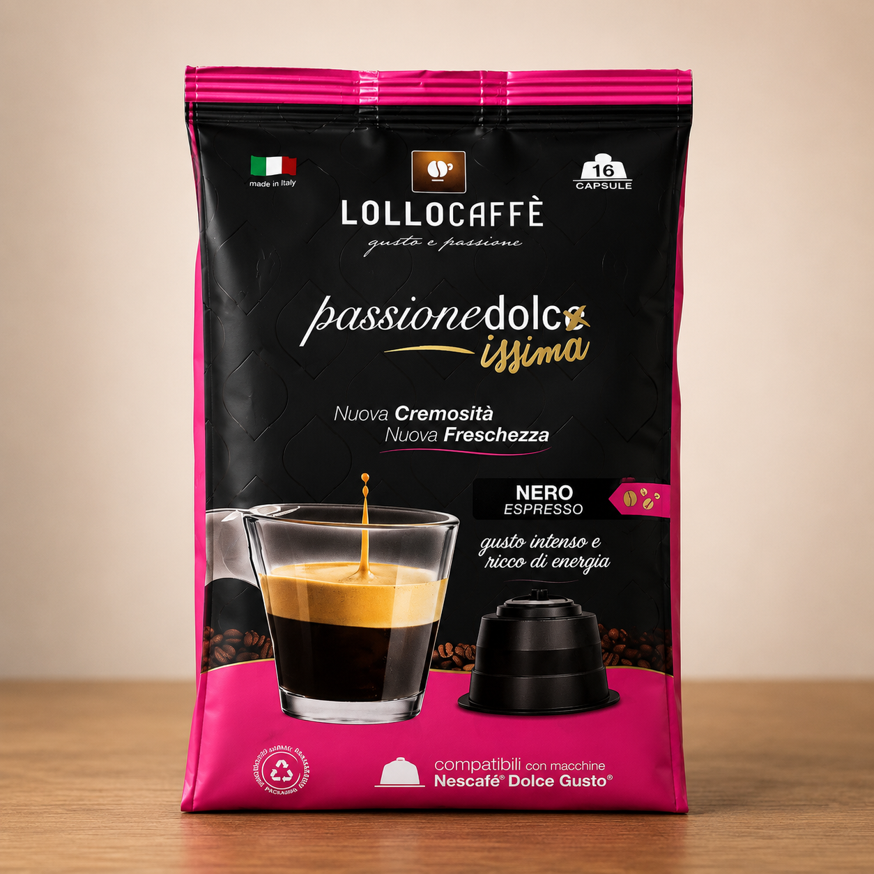 Lollo Caffè Passione Dolcissima Nero – 16 Capsule Compatibili Dolce Gusto®